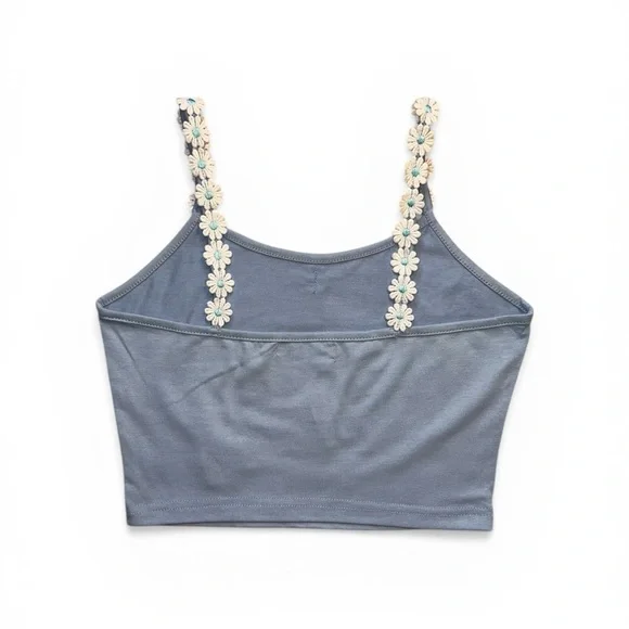 ROMWE Blue Daisy Embroidered Feminine Floral Straps Cropped Cami, Size XS - Picture 2 of 9